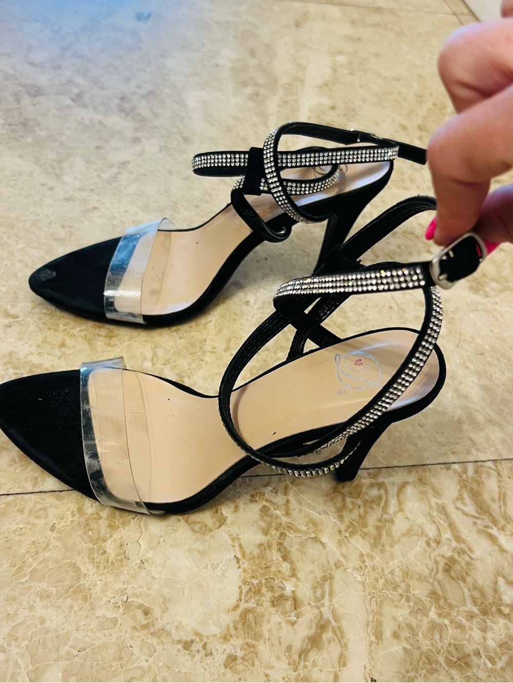 Black Rhinestone Ankle-Strap Heeled Sandals